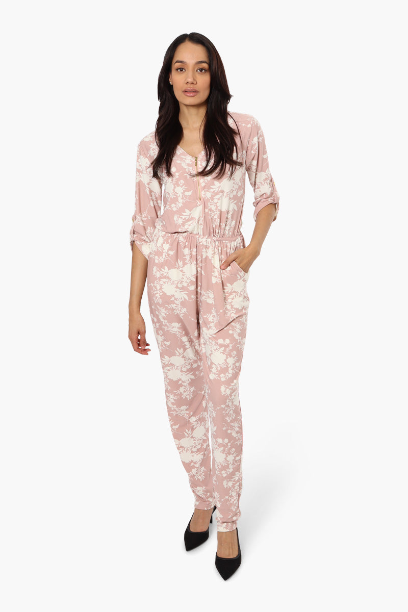 International INC Company Floral Roll Up Sleeve Jumpsuit