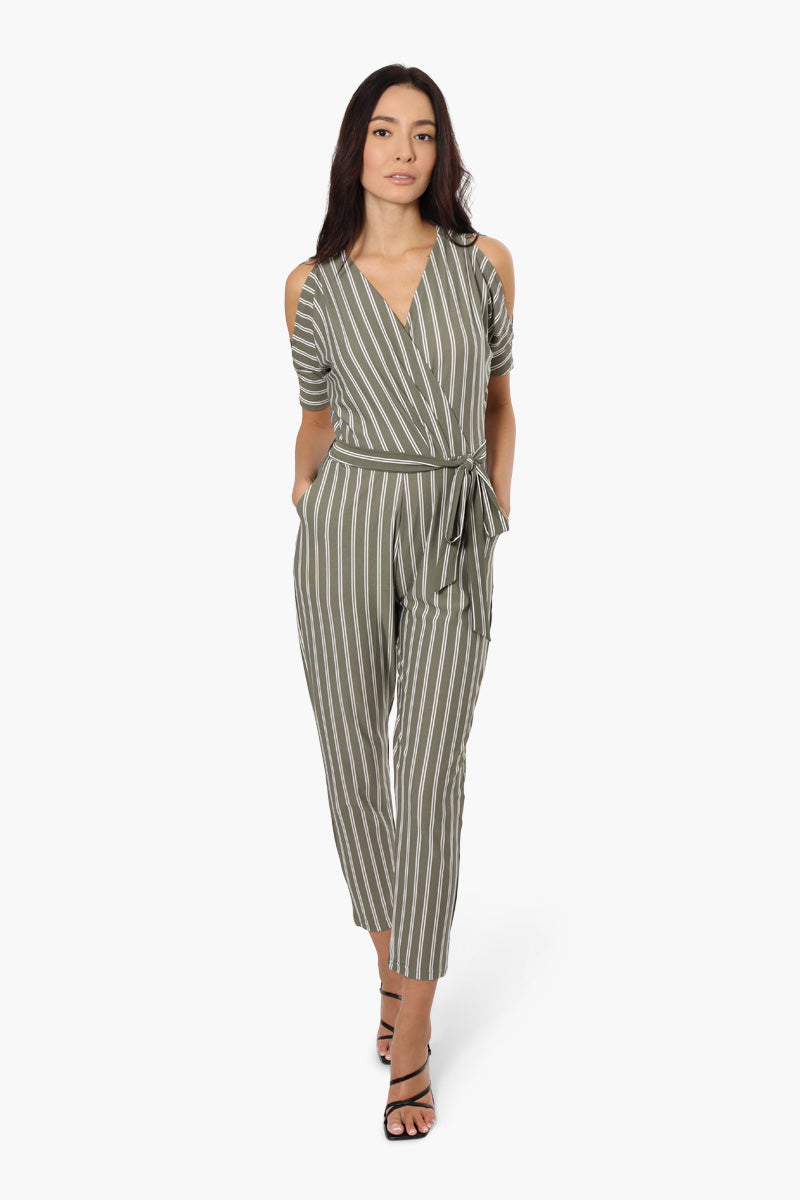 Limite Striped Cold Shoulder Belted Jumpsuit