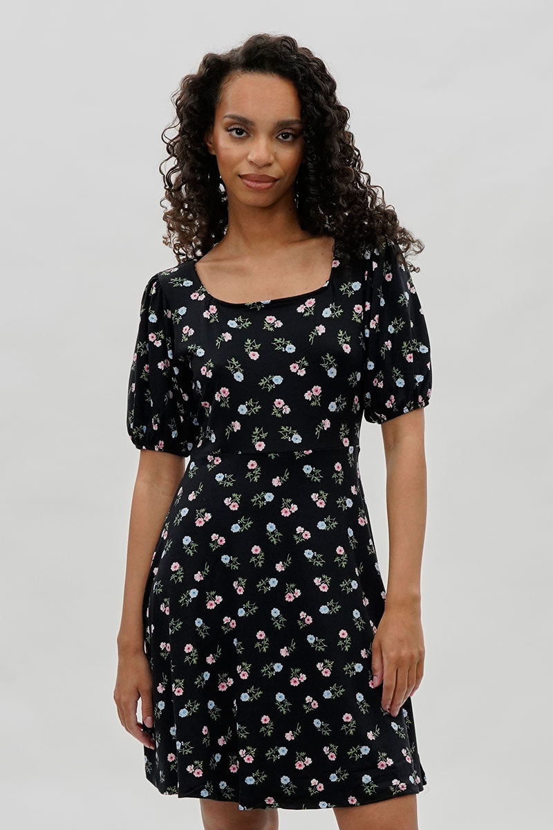 Costa Blanca Floral Square Neck Day Dress - Black