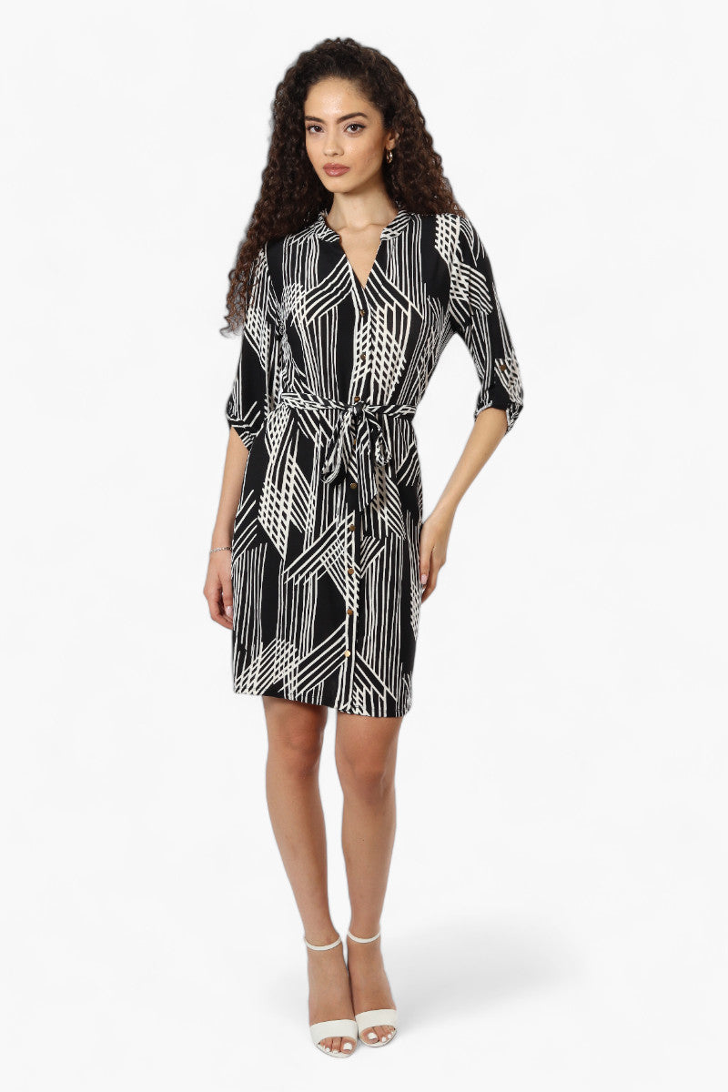 Image of Beechers Brook Patterned Belted Button Down Day Dress - Black