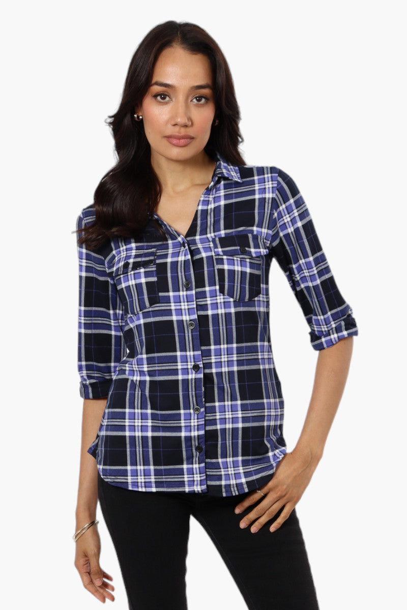 Image of Urbanology Plaid Flap Pocket Button Down Shirt - Navy