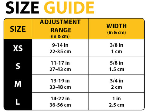 Sizechart, Sizetable of collar sizes in inch and cm. Size XS to L
