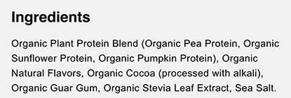 Ascent Plant Protein chocolate flavor ingredients