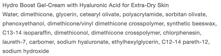 Neutrogena Hydro Boost Gel-Cream ingredients