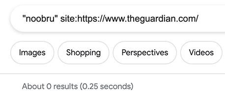 Screenshot showing no mentions of Noobru on The Guardian's website at the time of publication