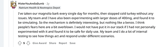 Nootropics Depot founder safety comments on Magnolia bark posted on Reddit