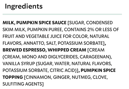 Starbucks Pumpkin Spice Latte ingredients