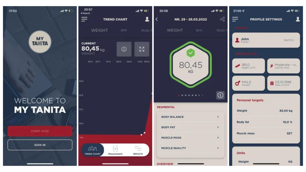 Left image: screenshot of MyTanita sign in screen, next image: weight graph on my Tanita app, next image: latest measurement reading screenshot on MyTanita app, right image: My Profile Screen screenshot on MyTanita App