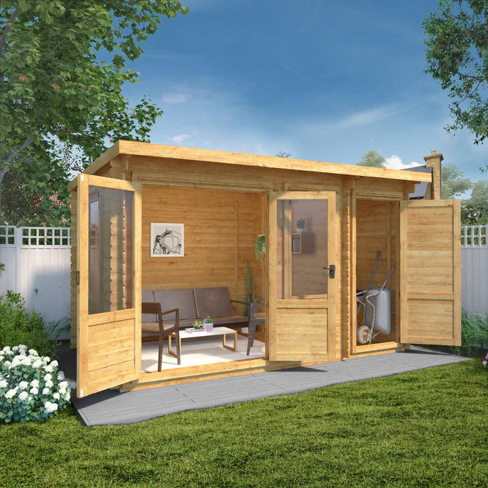 Best Log Cabin Kits UK Mercia 19mm Pent Log Cabin With Side Shed 13x8