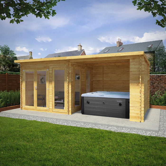 Best Log Cabin Kits UK Mercia 28mm Studio Pent with Outdoor Area With Double Glazing