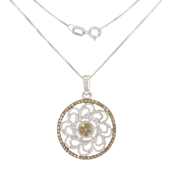 14k White Gold 0.33ctw Brown & White Diamond Trellis Circle Pendant Necklace