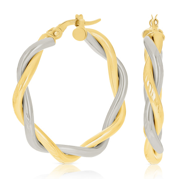 Italian 14k Yellow & White Gold Twisted Diamond Cut Medium Hollow Hoop Earrings