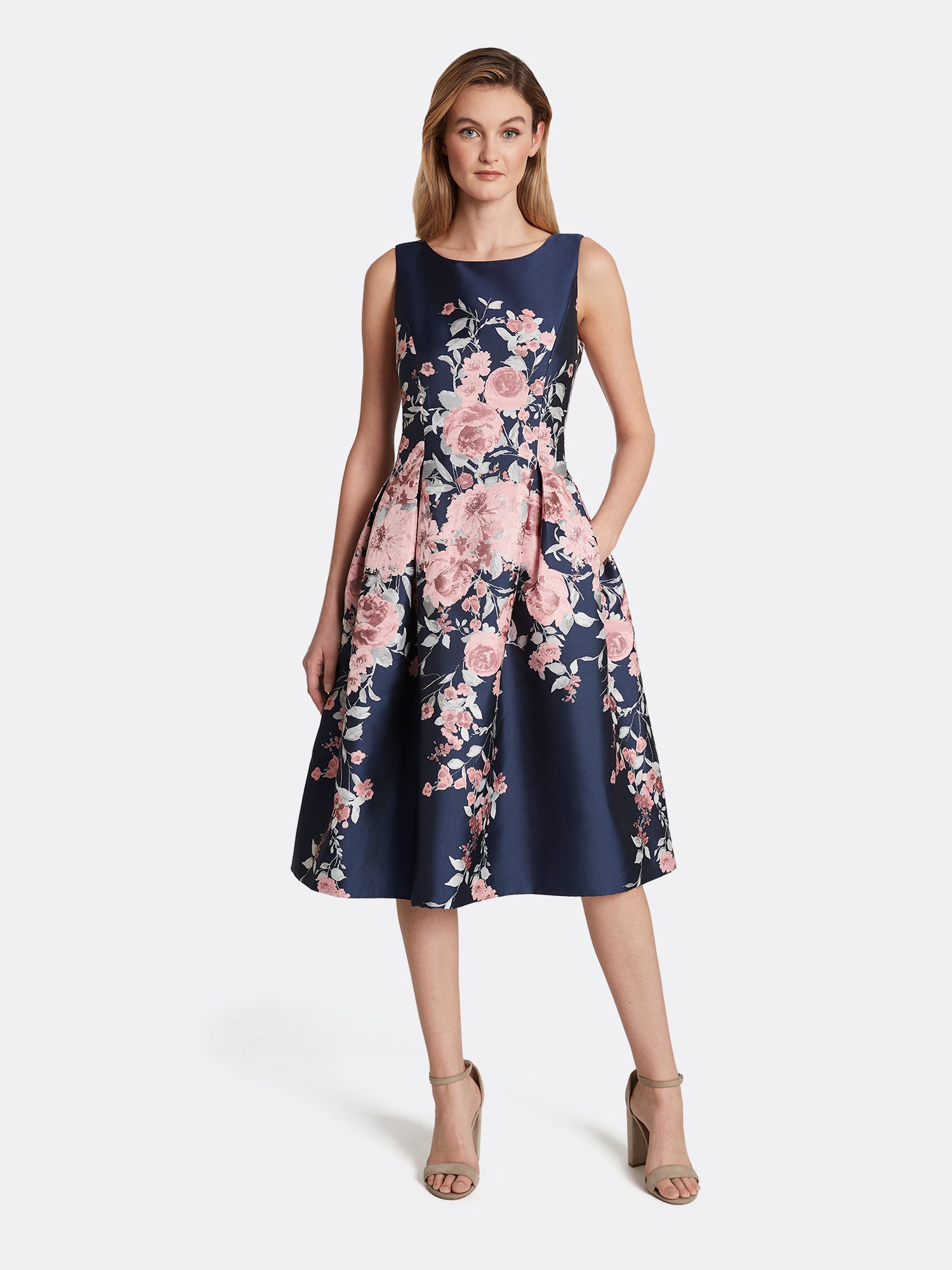 tahari embroidered fit and flare dress
