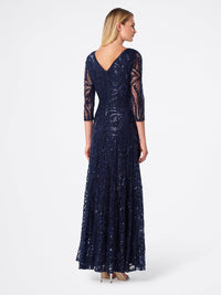 Back View of 3/4 Sleeve A Line Women's Gown in Navy Blue | Tahari Asl NAVY