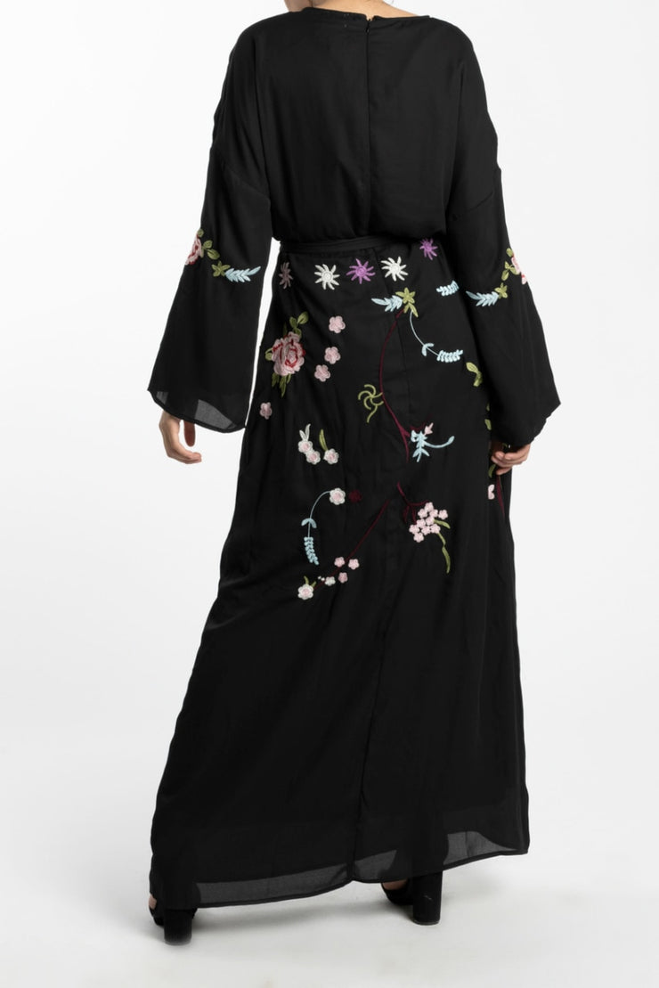 black floral embroidered chiffon maxi dress