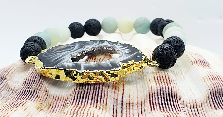 Agate Druzy Slice Bracelet With Amazonite And Lava Stone
