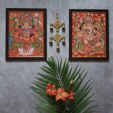 Ganesha Laskhmi Kerala Mural Painting - Indian hindu god wall decor - Crafts N Chisel