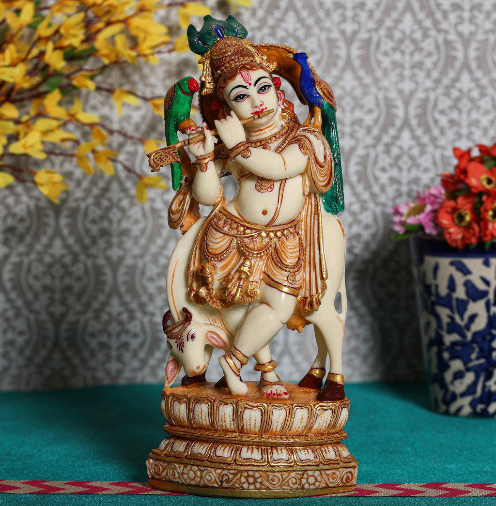 Krishna and Cow Marble Dust Idol | Indian Hindu God | Crafts N Chisel