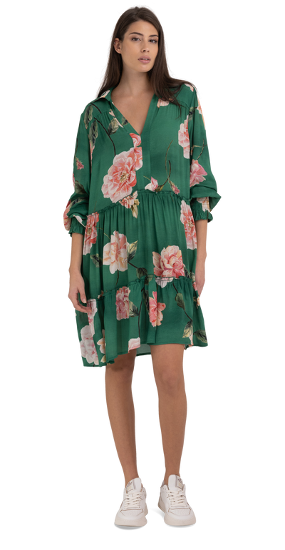 FRILLED SHIRT-DRESS WITH PEONIES PRINT