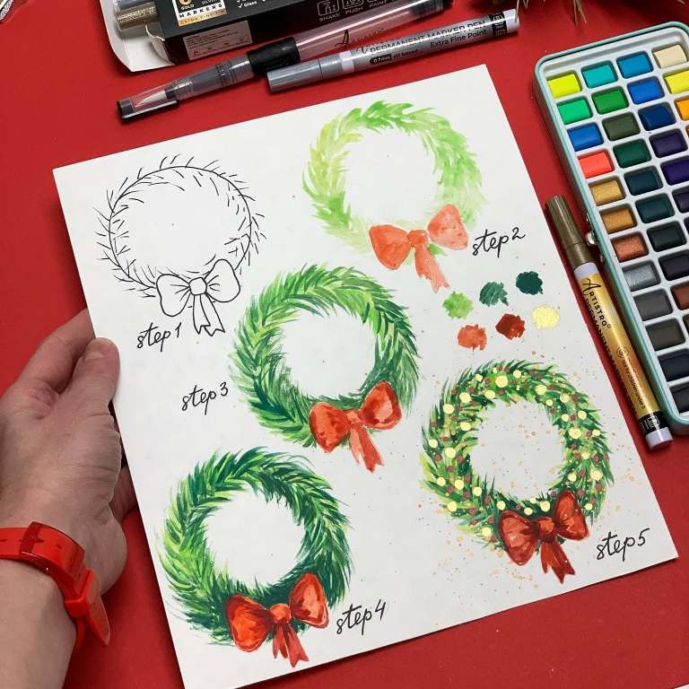 Christmas wreath  drawings step by step easy-easy pen arts-easypaintings-simple easy drawings