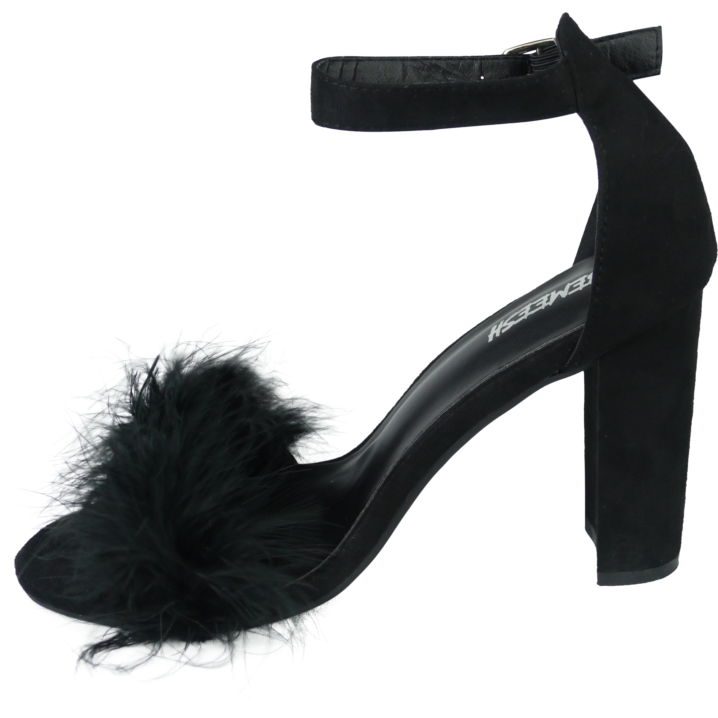 black fluffy high heels