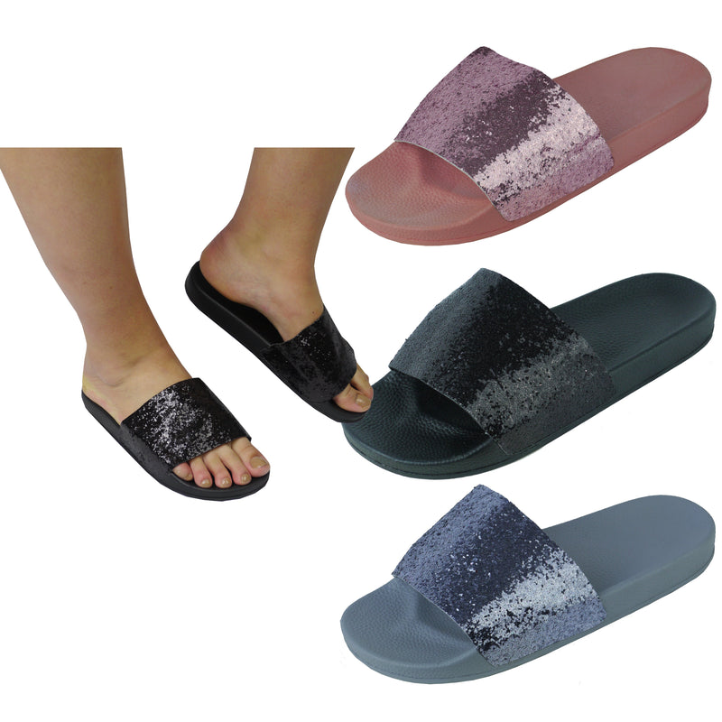 Womens Ladies Glitter Sliders Flat 