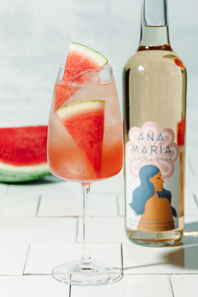 A summer spritz to send away summer made with Ana Maria Tequila and Iconic Watermelon Rose Tonic