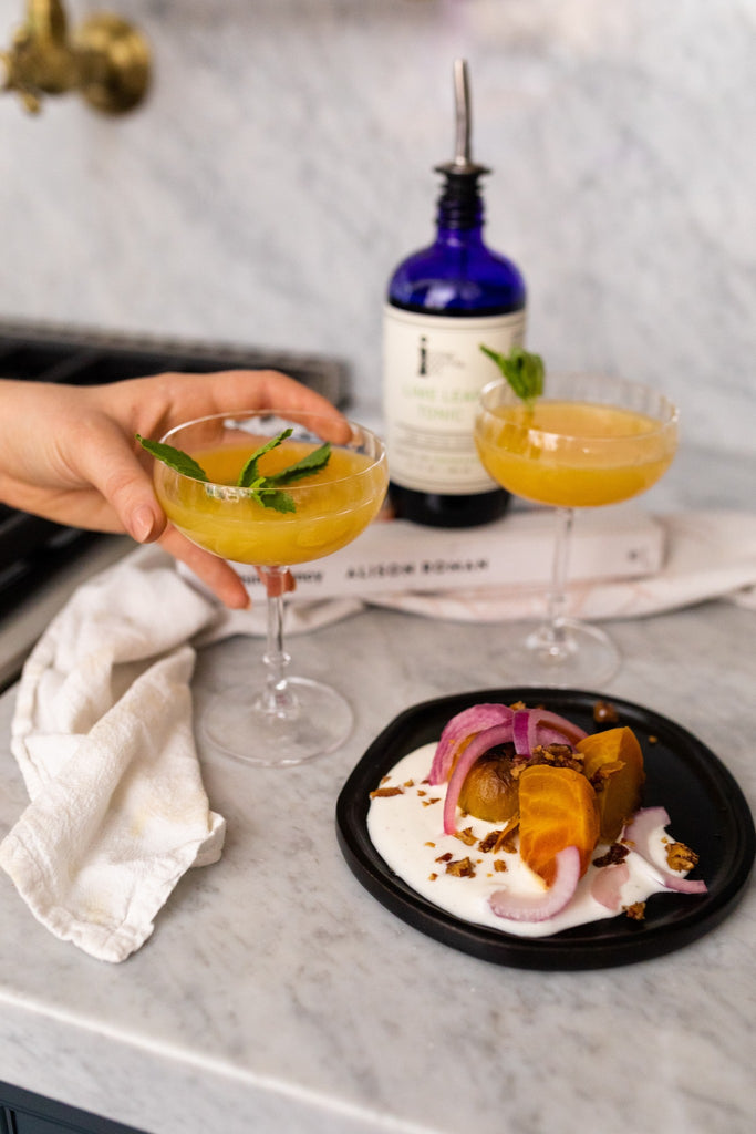 A Golden Gin Collins made with Iconic Ginga Syrup and Lime Leaf Tonic with Alison Roman’s Beets with Buttermilk and Walnuts 