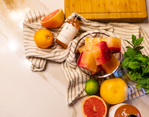 Add the layered cubes to sparkling water or lemonade for a kid-friendly bevvy. Or maybe you add them to your favorite spirit for a cocktail that will develop as the ice melts! 