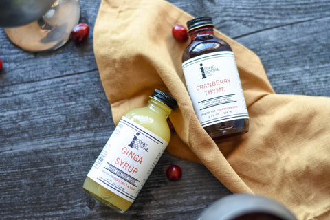 Iconic Ginga Syrup and Cranberry Thyme cocktail mixer for handcrafted cocktails and mocktails