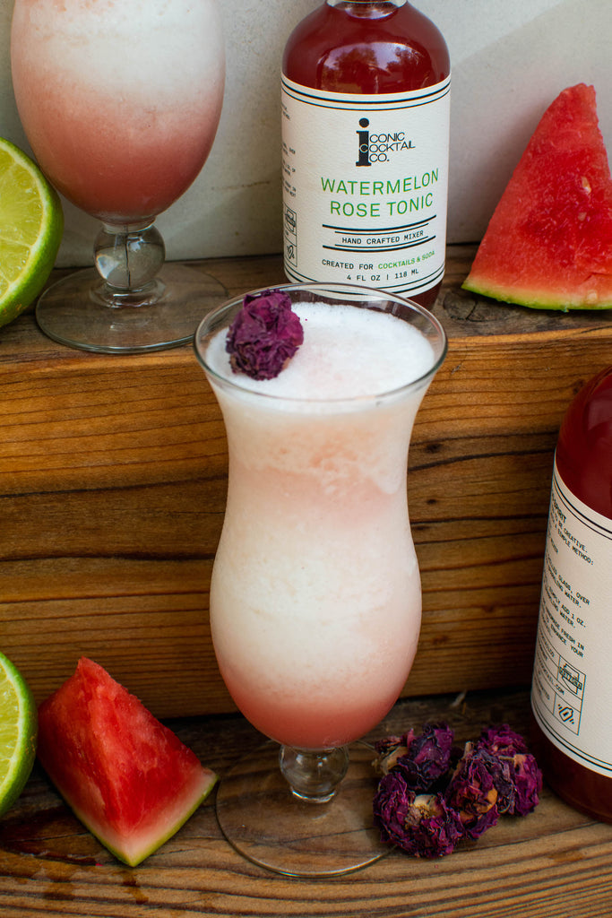 A Piña Colada made with Iconic Watermelon Rose Tonic instead of pineapple!