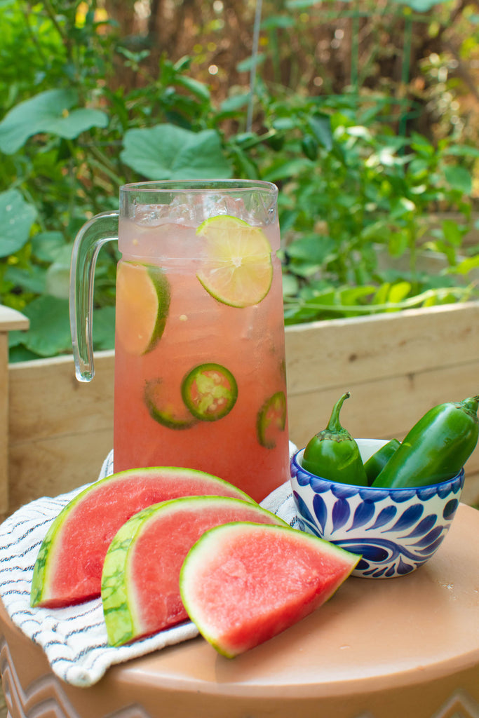 A pitcher of spicy Watermelon Margaritas perfect for National Watermelon Month