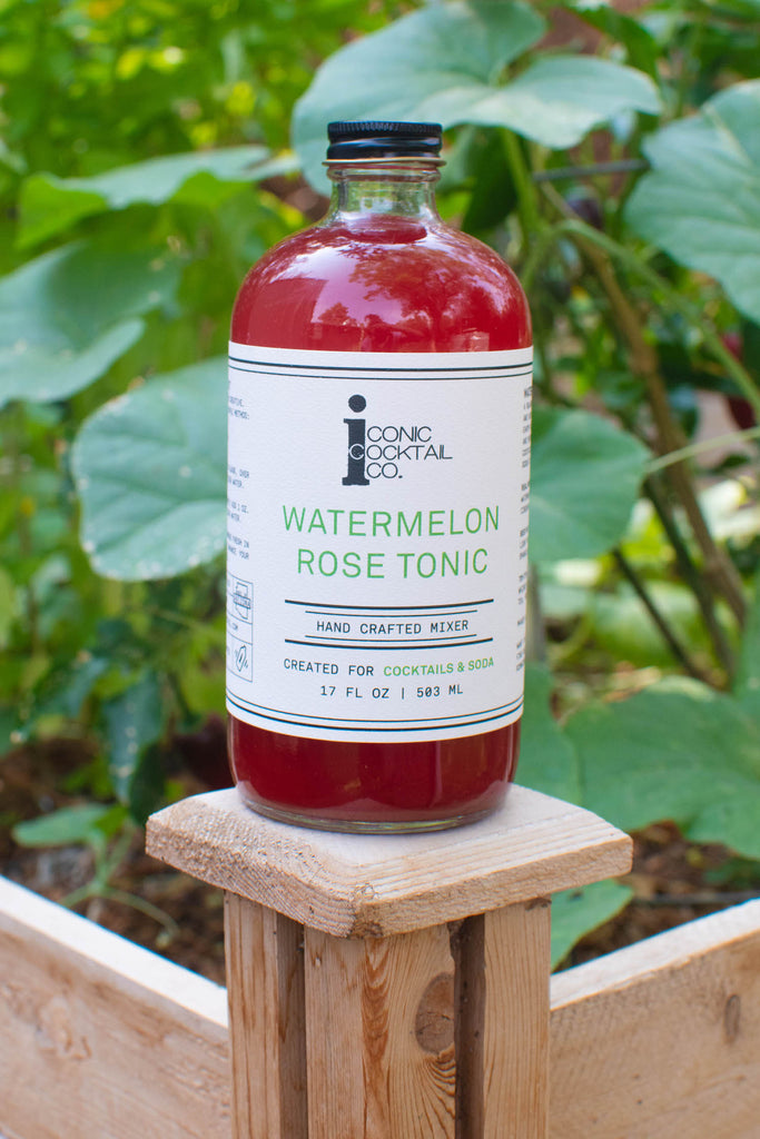 Iconic Watermelon Rose Tonic made with juicy watermelon and floral rose petal for unique summer cocktails and refreshing mocktails