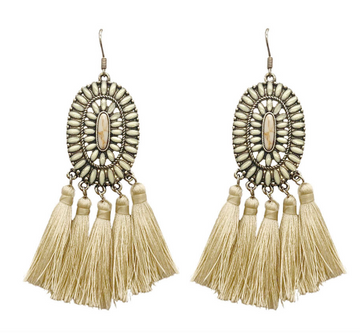 IVORY TASSEL EARRINGS WITH OVAL CONCHO