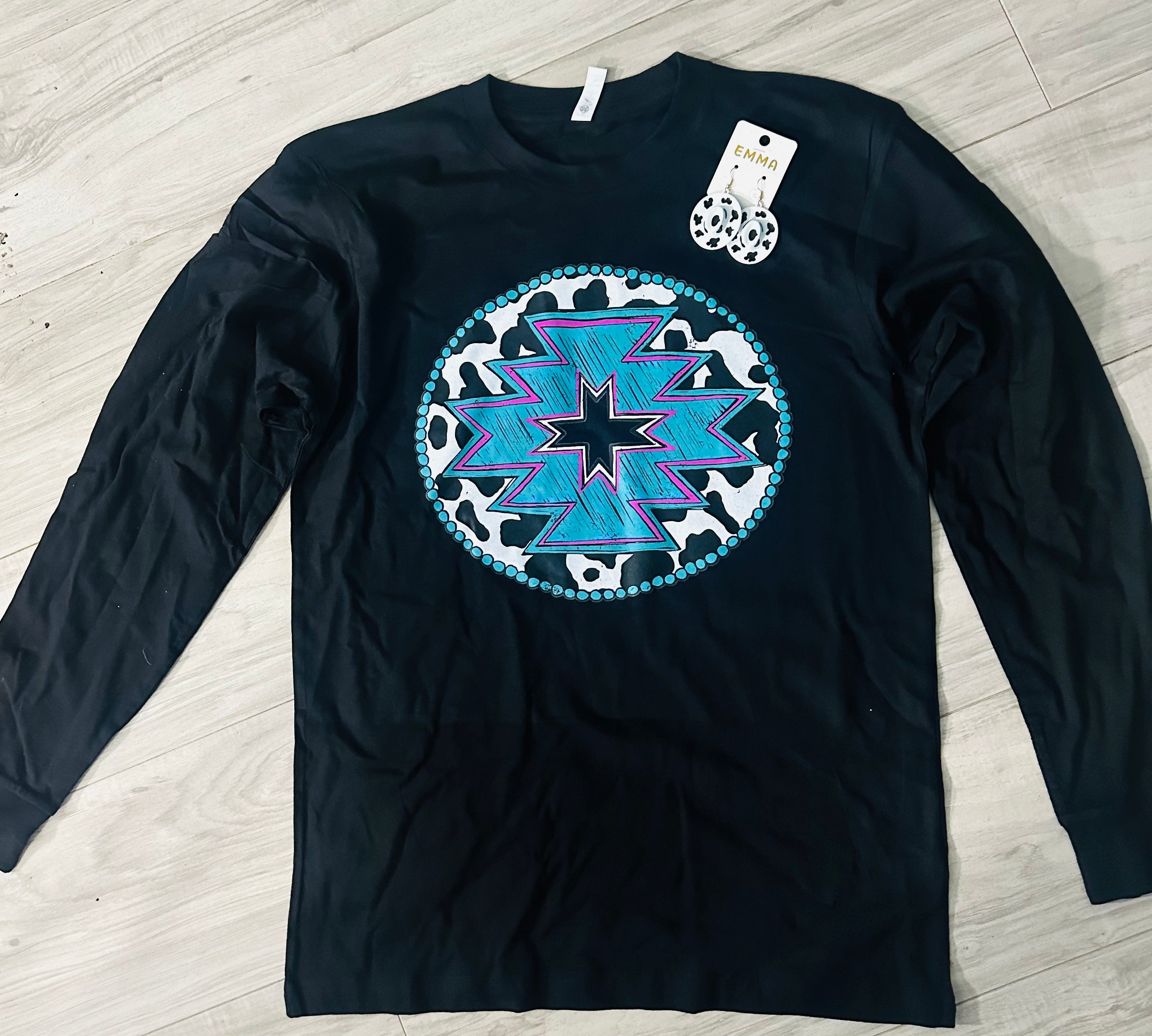 CONCHO AZTEC COW PRINT BLACK LONG SLEEVE T SHIRT