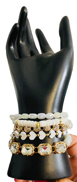 WHITE AND GOLD WITH BIG RHINESTONE 5 PIECE BRACELET SET