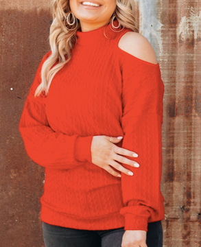 RED COLD SHOULDER KNITTED SWEATER