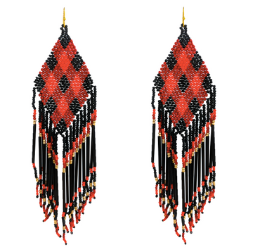 LONG SEED BEAD BUFFALO PLAID EARRINGS