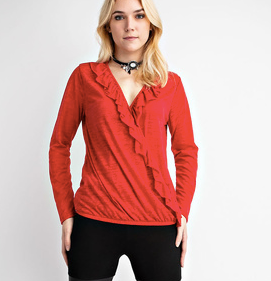 RED DRAPE LONG SLEEVE TOP WITH RUFFLES