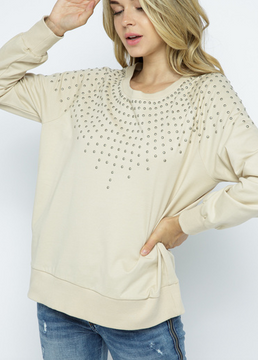 NATURAL LONG SLEEVE PULLOVER WITH STUDS