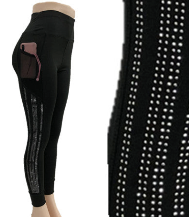 BLACK ATHLETIC LEGGINGS WITH POCKETS AND RHINESTONES ON THE SIDE