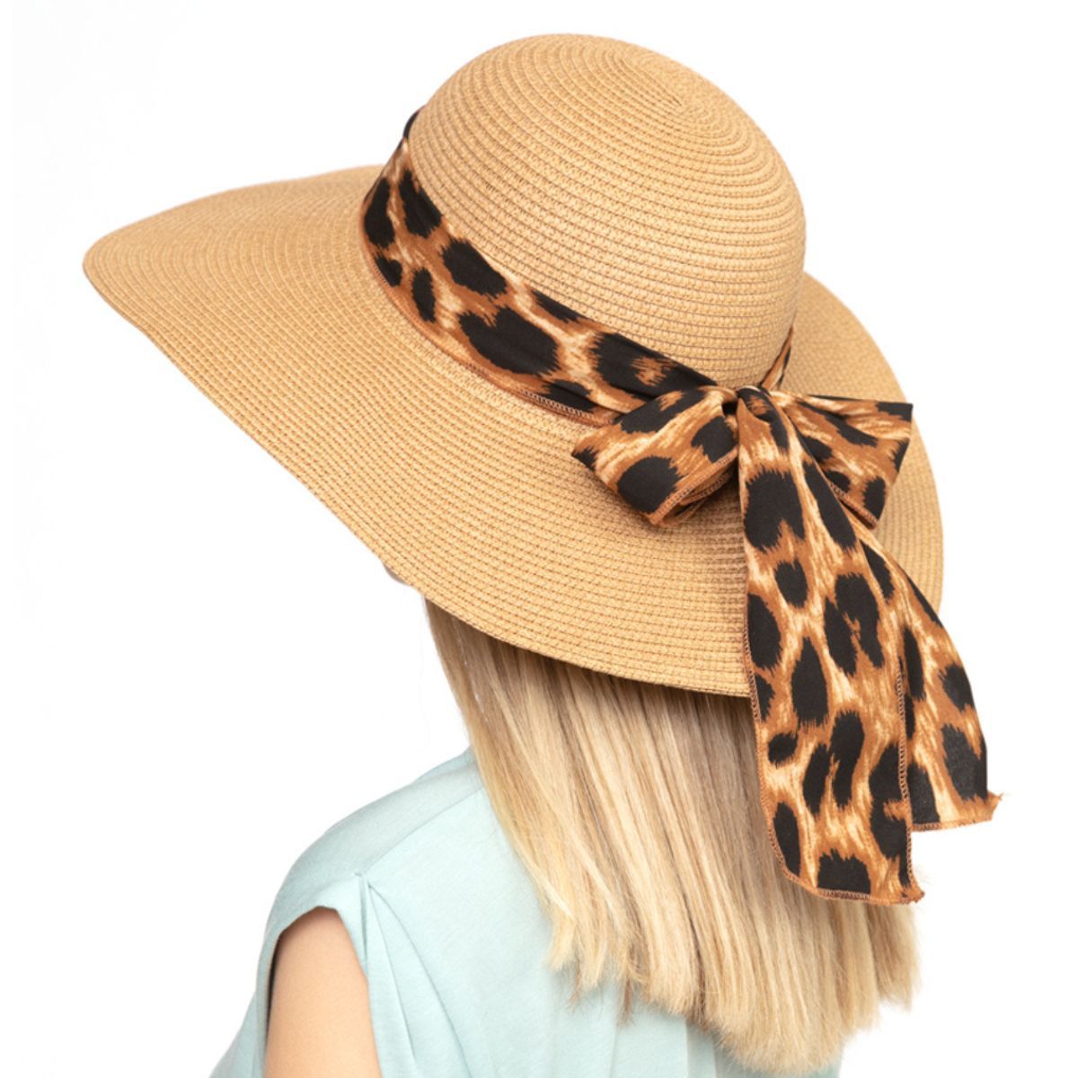 Brown Leopard Bow Floppy Hat