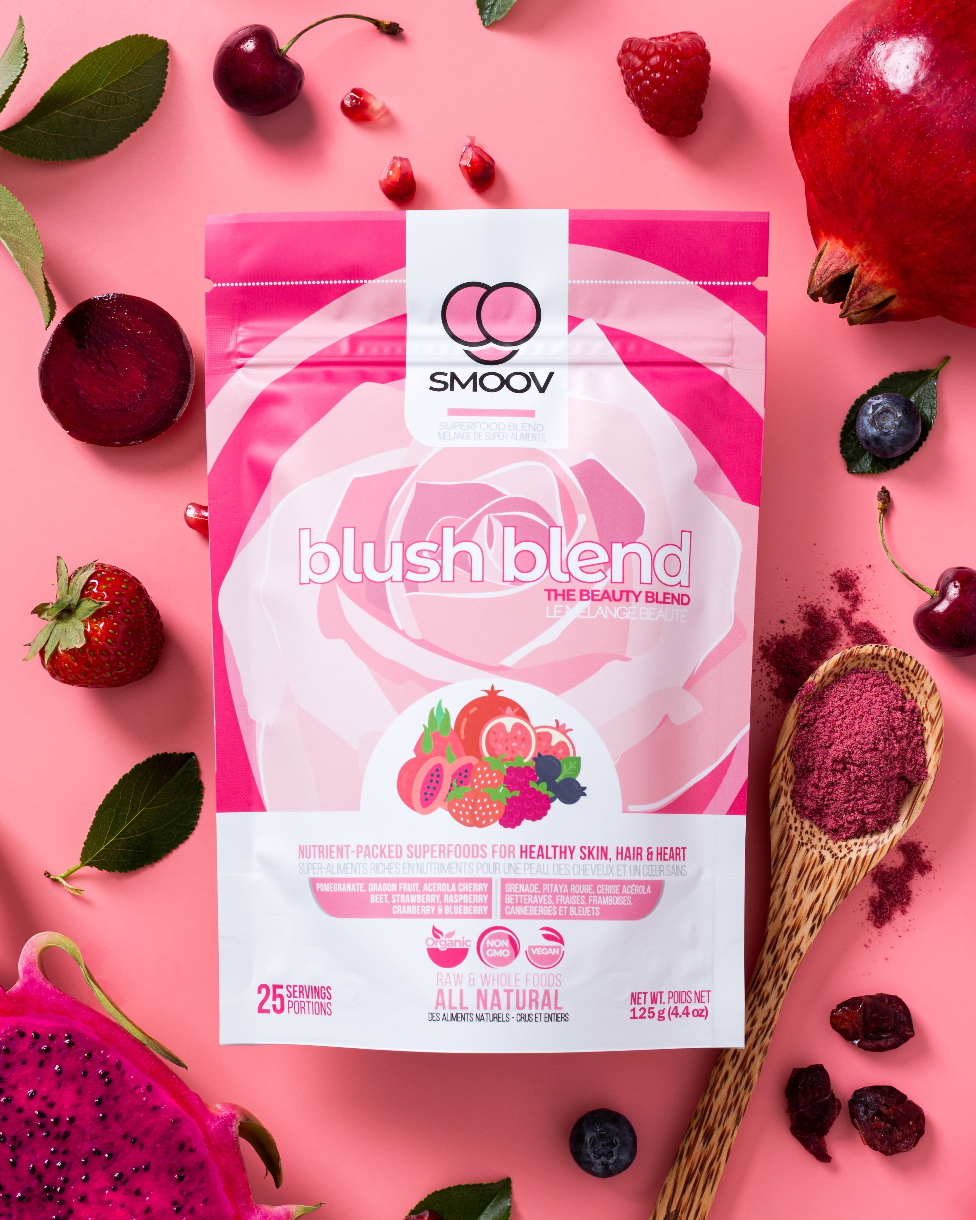 The blush blend is the perfect combination of 8 powerful superfoods- packed with vitamin C and skin-loving ingredients for healthy skin, hair and heart.