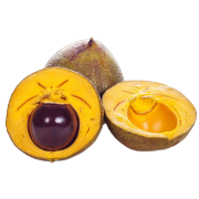 Fresh Lucuma fruit sliced in half to show yellow flesh with big brown seed inside. One of the ingredients used in Smoov's berry exotic blend.