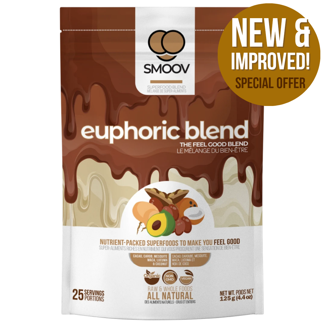 SMOOV euphoric blend has 6 powerful and delicious foods packed with antioxidants, healthy fats and adaptogens- Raw cacao, Carob, Mesquite, Maca, Lucuma and shredded Coconut. A healthy way to satisfy cravings and boost mood instantly!