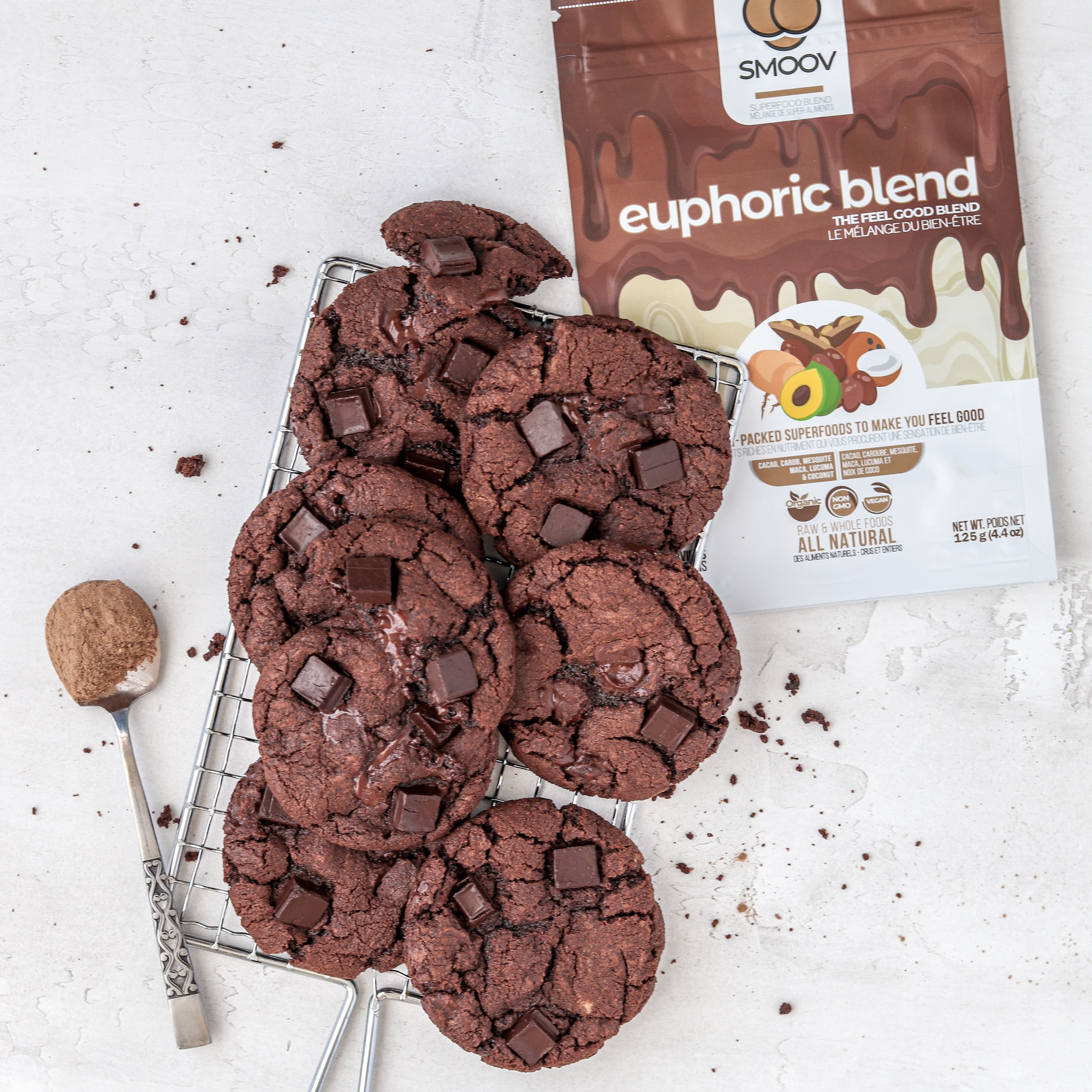 SMOOV euphoric blend has 6 powerful and delicious foods packed with antioxidants, healthy fats and adaptogens- Raw cacao, Carob, Mesquite, Maca, Lucuma and shredded Coconut. A healthy way to satisfy cravings and boost mood instantly!