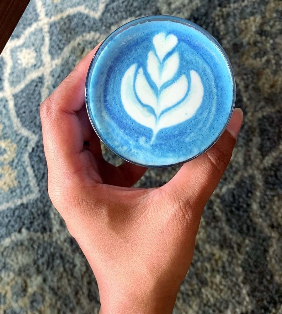 Blue superfood latte made using SMOOV's blue spirulina