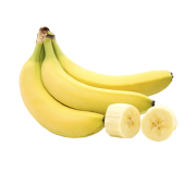 A bright ripe bunch of yellow bananas with two slices of banana. One of the ingredients used in Smoov's fuel blend.