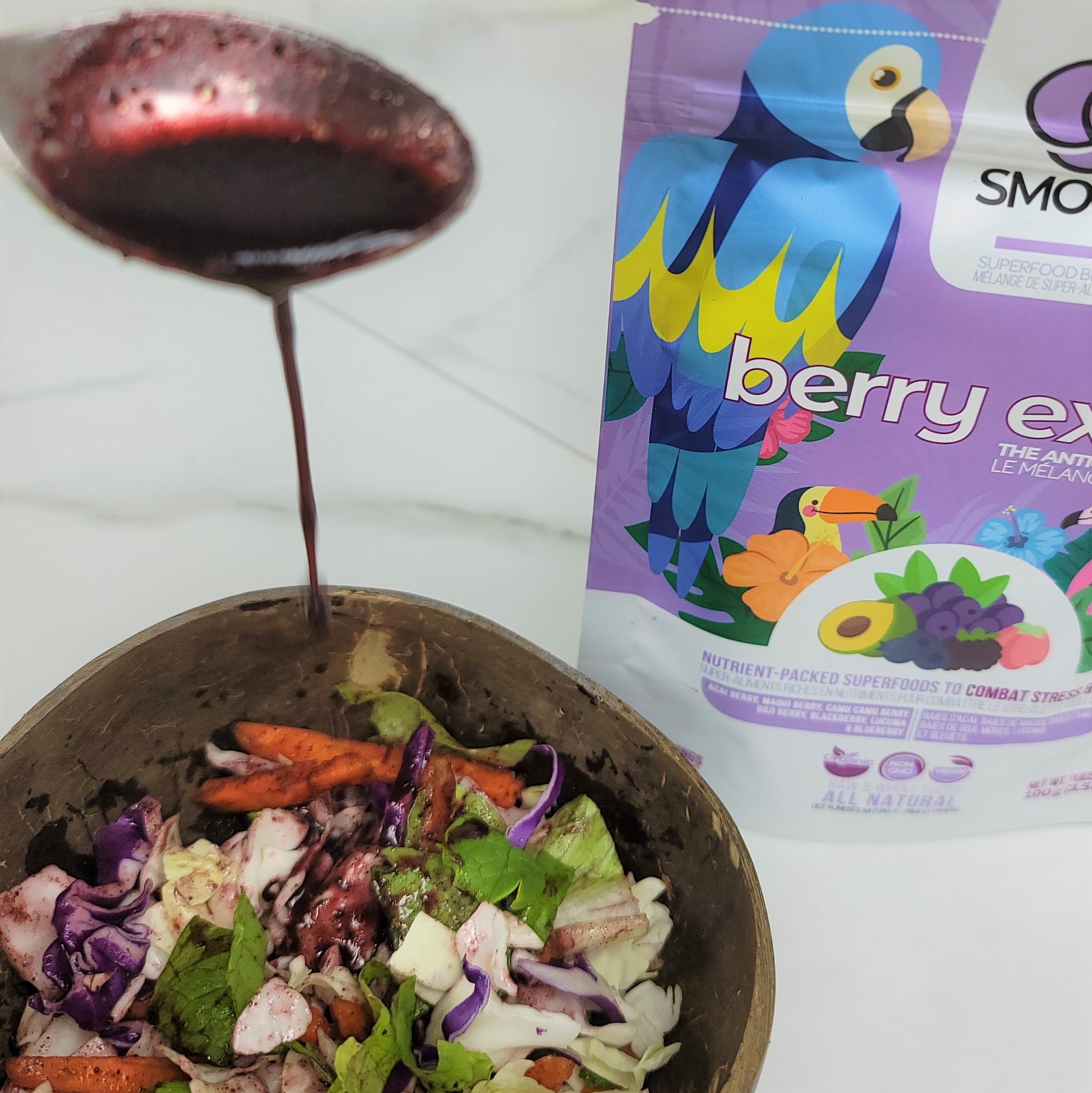 Our berry exotic blend has 8 antioxidant-rich superfoods, 7 of which are some of the world's most nutritious berries. Acai berry, Maqui berry, Red & Black Goji berry, Camu Camu berry, Blueberry, Blackberry & Lucuma.