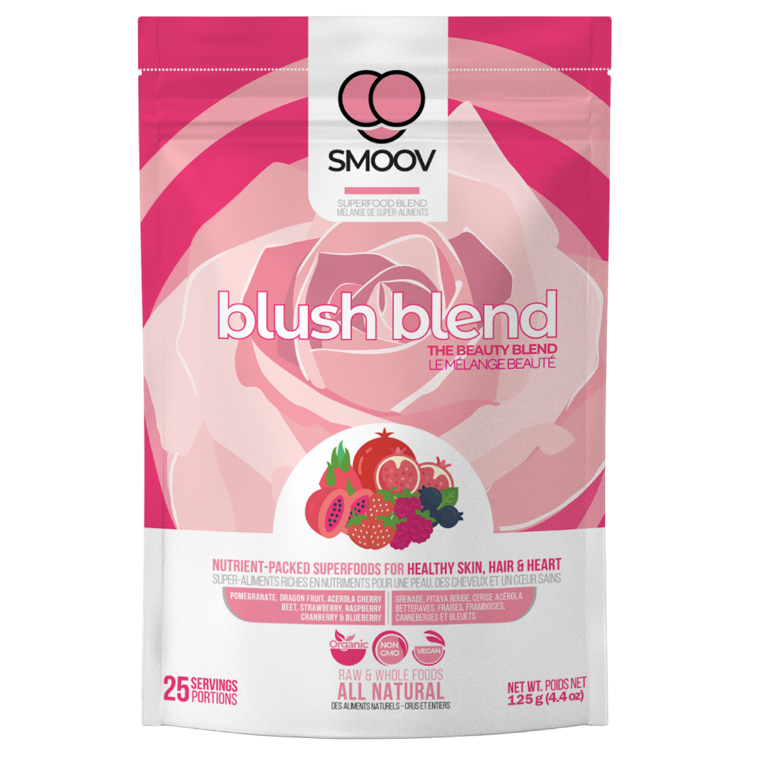 SMOOV blush blend contains 8 skin loving superfoods. Packed with antioxidants like vitamins C & E to help with hair growth, skin repair and immune support. Also a rich source of fiber to help satisfy hunger, cravings and improve digestion, making it the perfect addition to a weight loss diet.